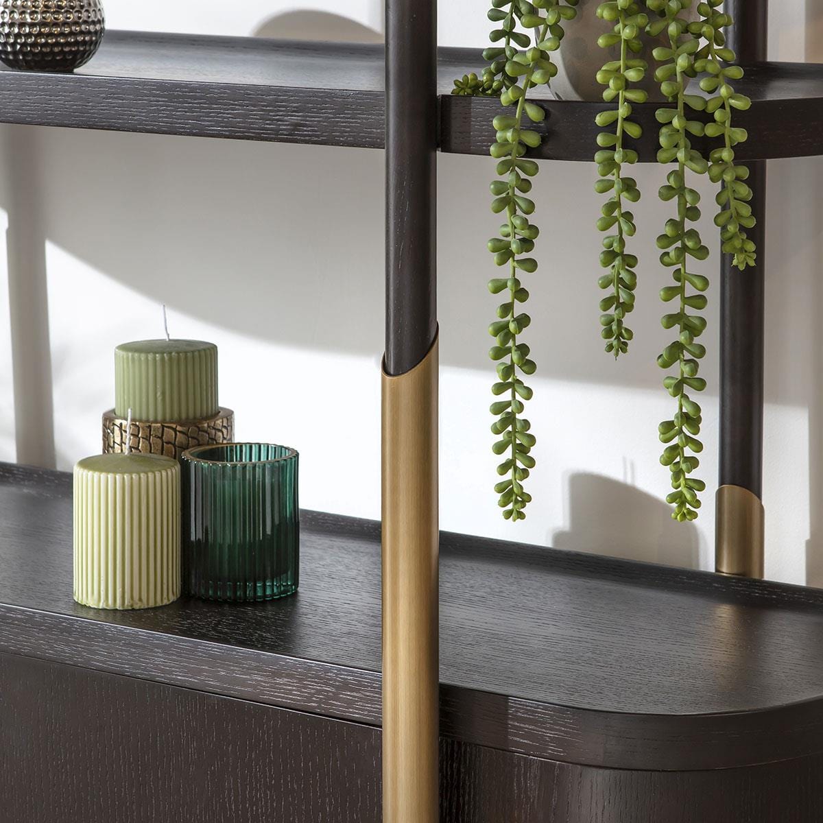 Quatropi Tall Shelving Unit With Drawers Black Oak Antique Gold Stainless Steel 2200mm