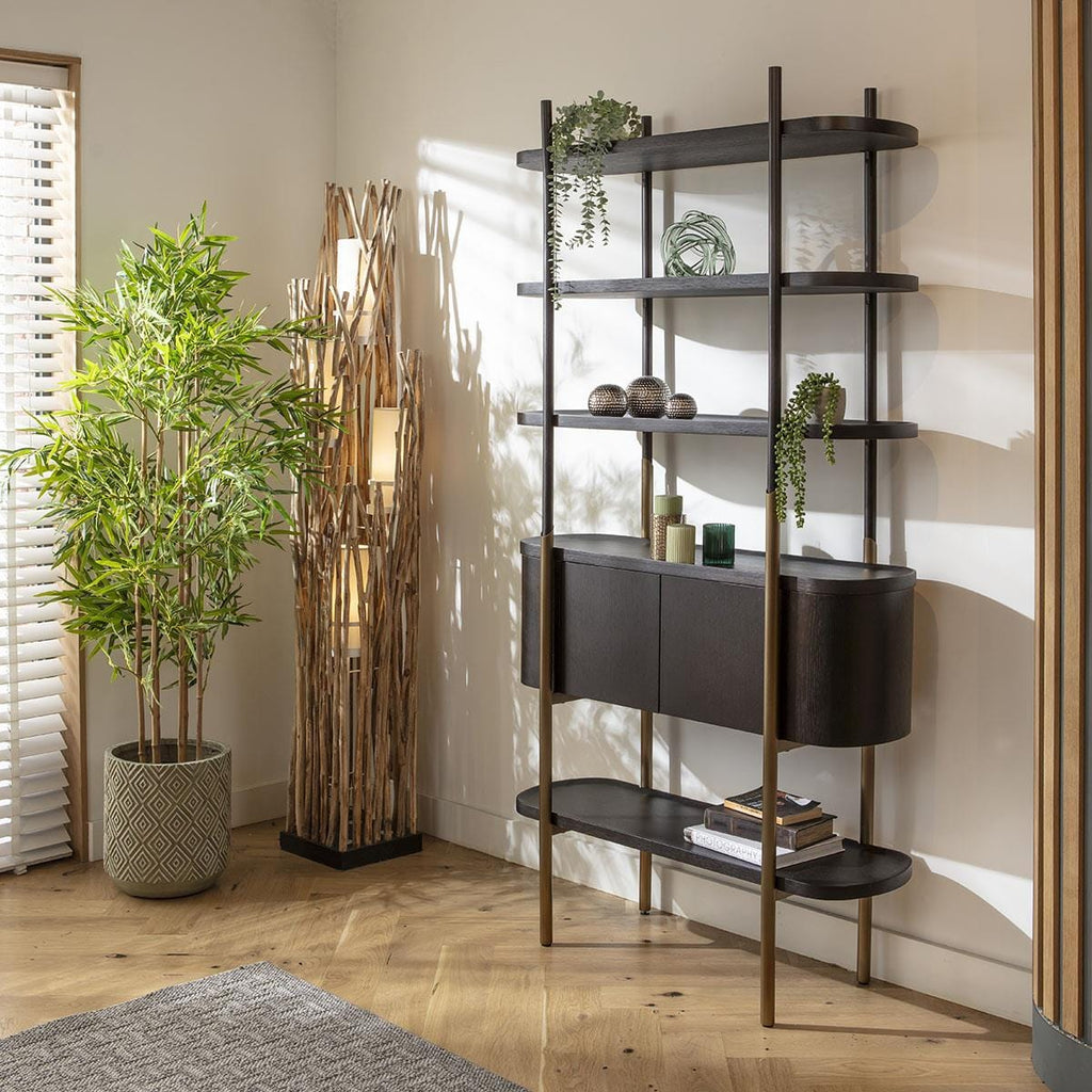 Quatropi Tall Shelving Unit With Drawers Black Oak Antique Gold Stainless Steel 2200mm