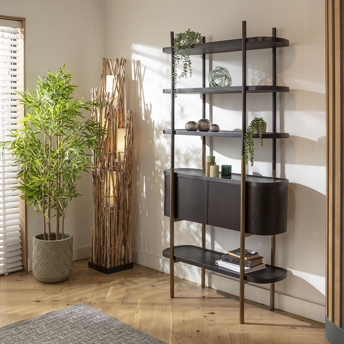 Quatropi Tall Shelving Unit With Drawers Black Oak Antique Gold Stainless Steel 2200mm