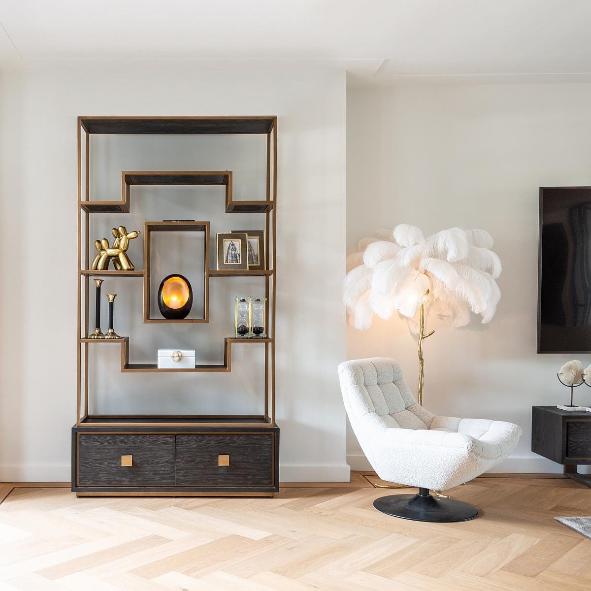 Quatropi Tall Shelving Unit With Drawers Black Oak Gold Stainless Steel 2200mm