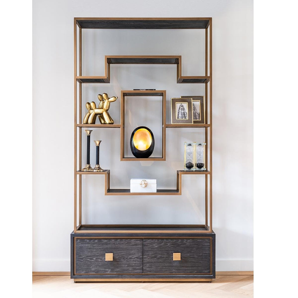 Quatropi Tall Shelving Unit With Drawers Black Oak Gold Stainless Steel 2200mm