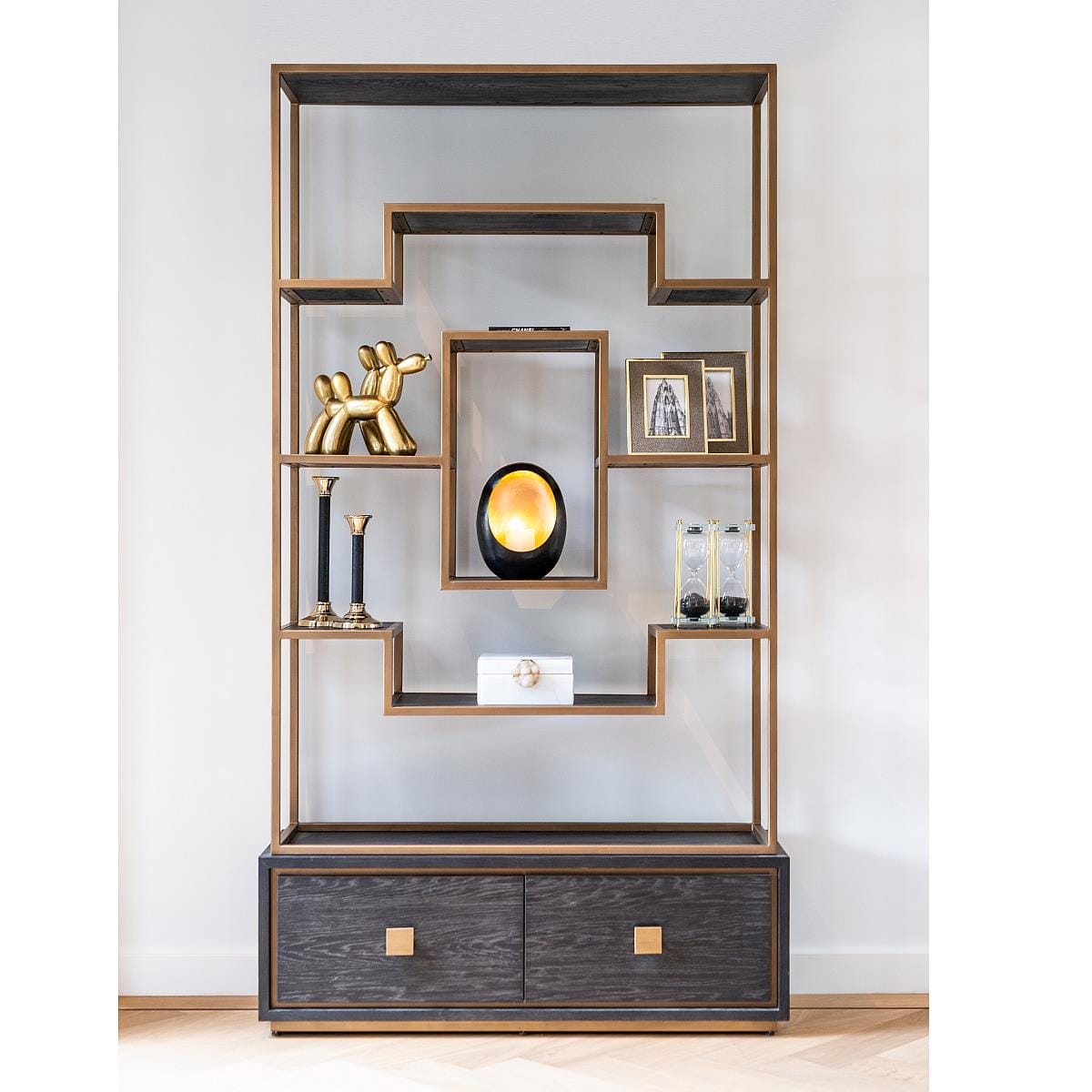 Quatropi Tall Shelving Unit With Drawers Black Oak Gold Stainless Steel 2200mm