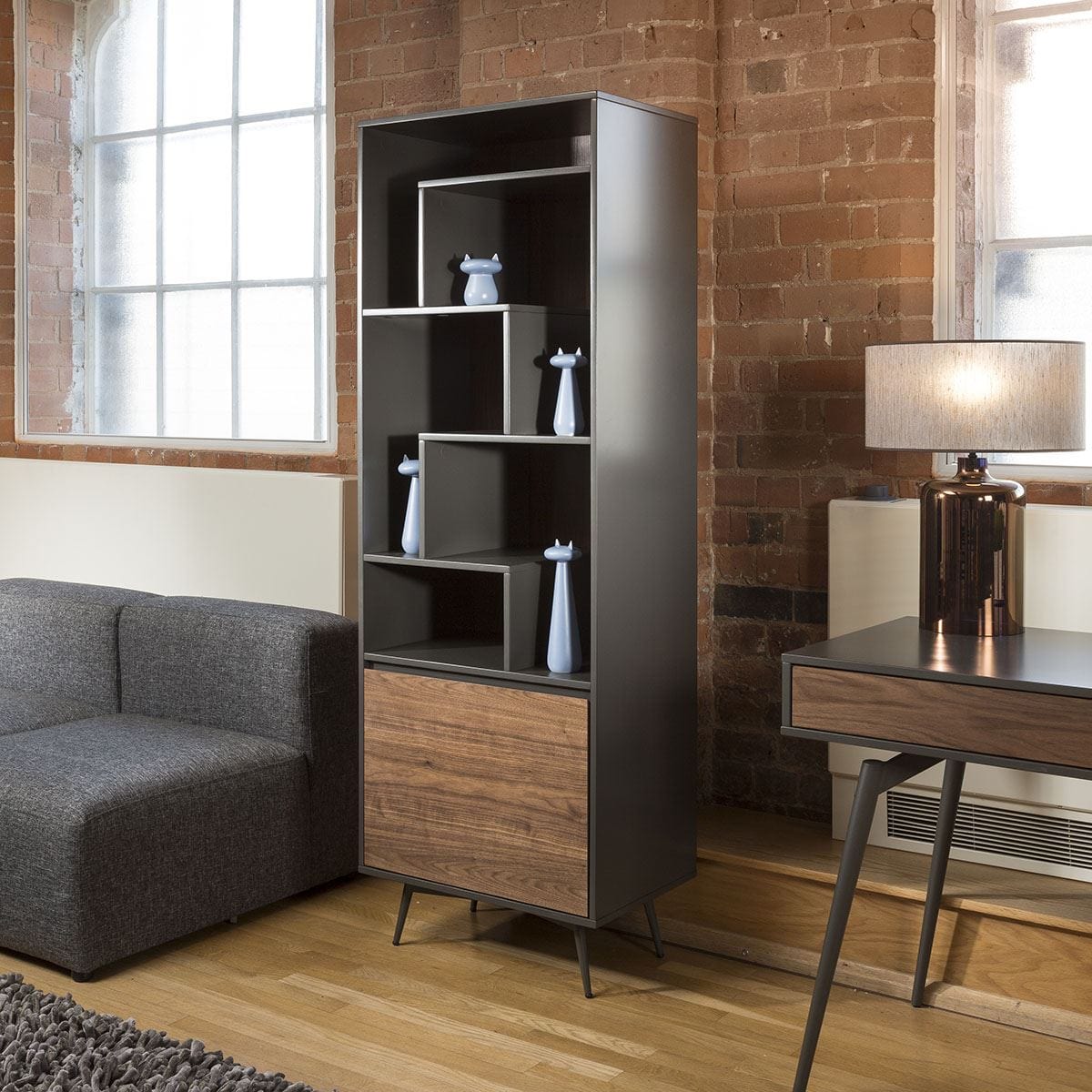 Quatropi Tembie Tall Bookcase / Display Cabinet Rich Walnut / Grey