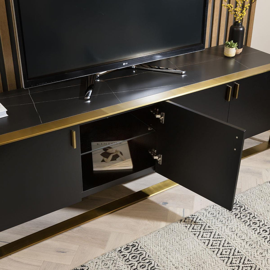 Quatropi TV Cabinet 200cm Matte Black with Brass Frame & Black Ceramic Top