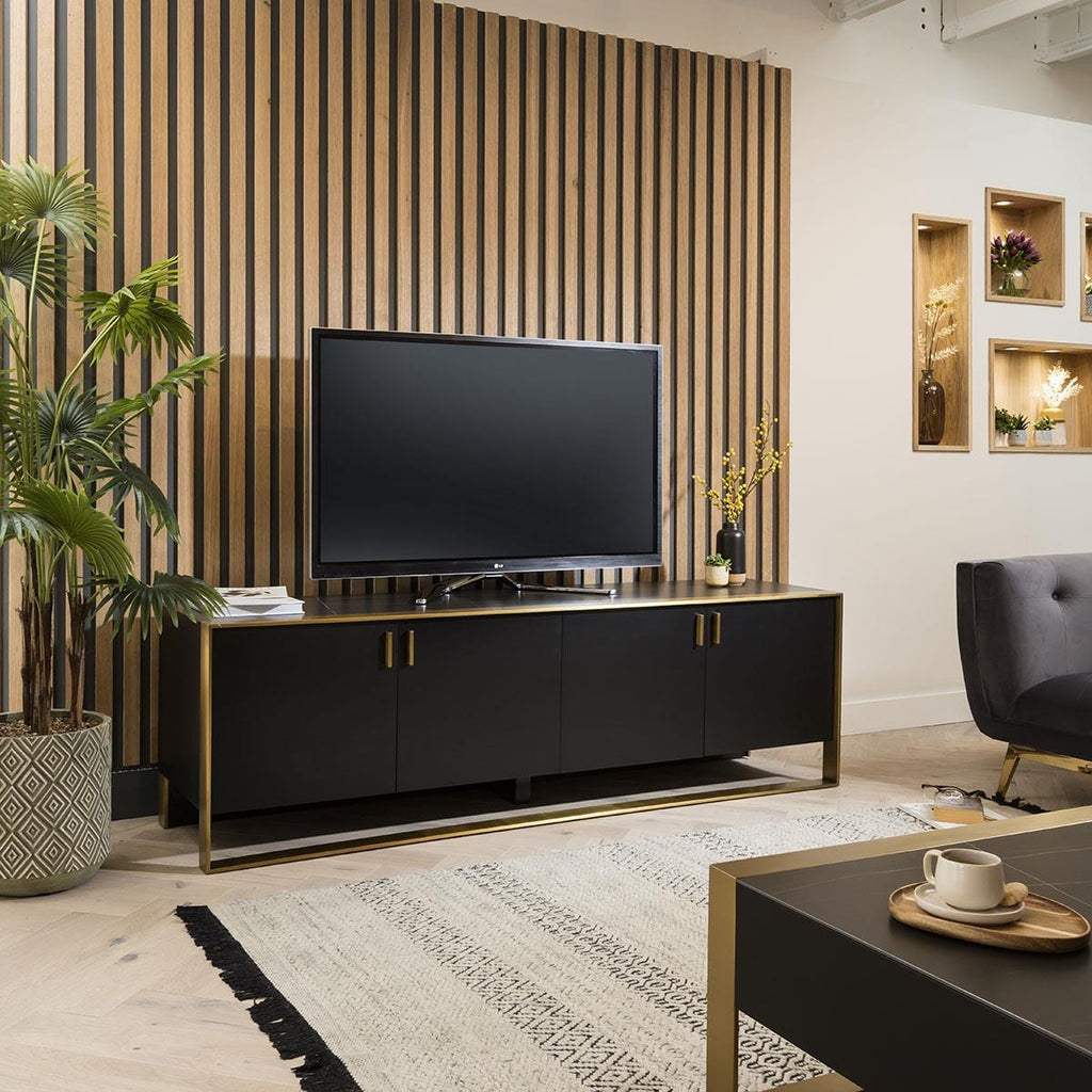 Quatropi TV Cabinet 200cm Matte Black with Brass Frame & Black Ceramic Top