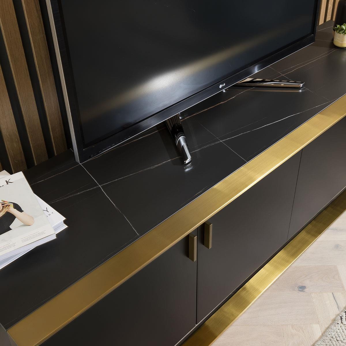 Quatropi TV Cabinet 200cm Matte Black with Brass Frame & Black Ceramic Top
