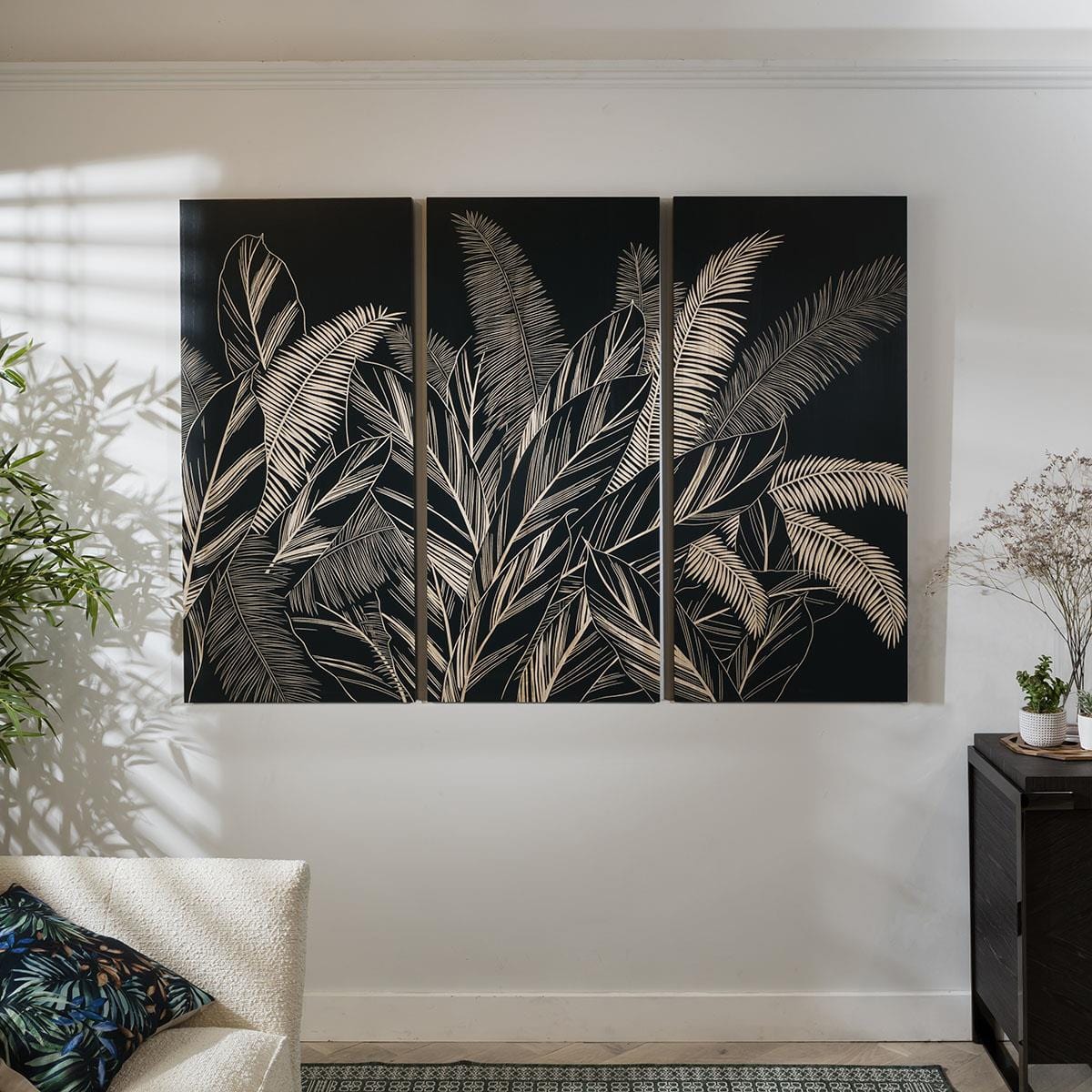 Black Palm Leaf 3 Panel Wall Art