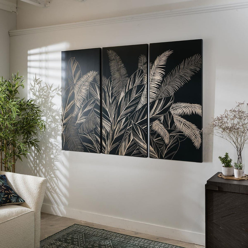 Black Palm Leaf 3 Panel Wall Art
