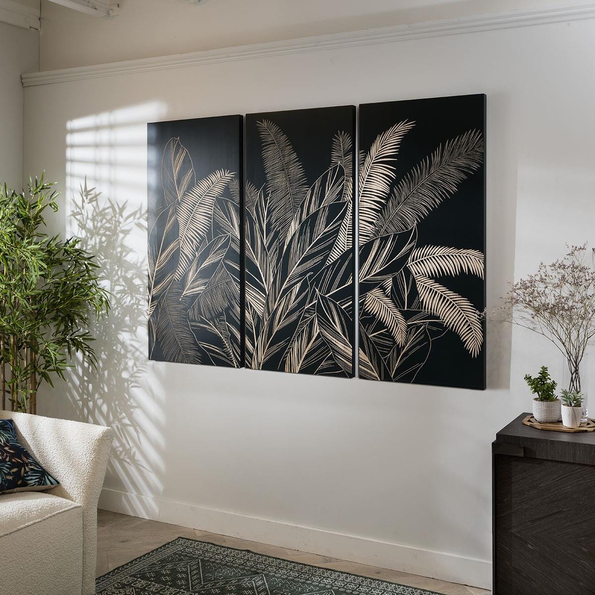 Black Palm Leaf 3 Panel Wall Art