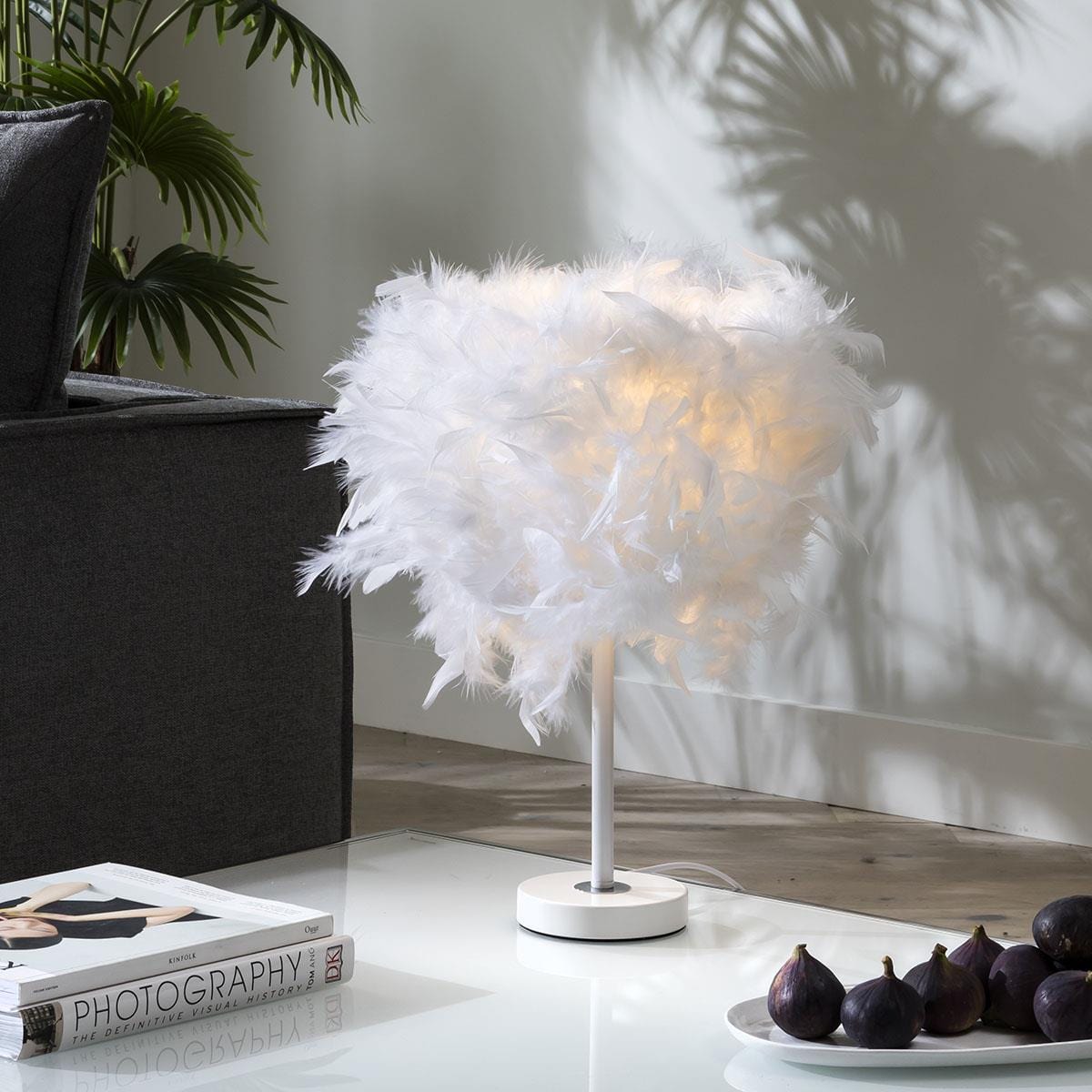 Quatropi White Feather Table Lamp 45cm - White Metal Stand