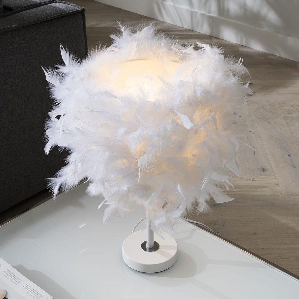 Quatropi White Feather Table Lamp 45cm - White Metal Stand