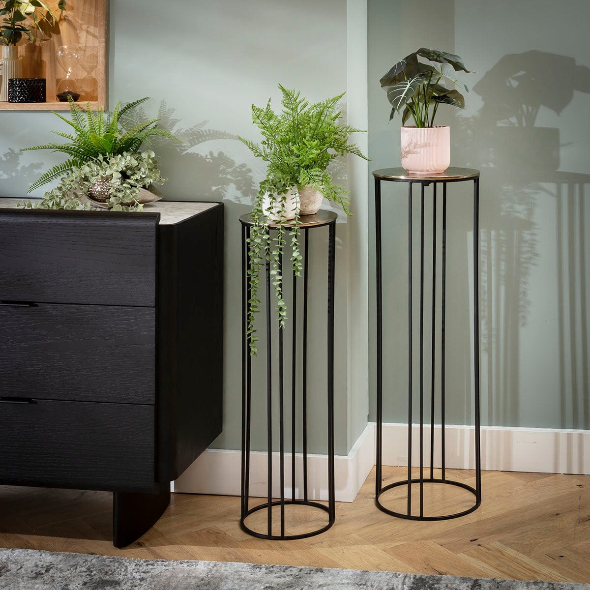 Novan Set of 2 Tall Plant Stand Side Tables Black & Gold