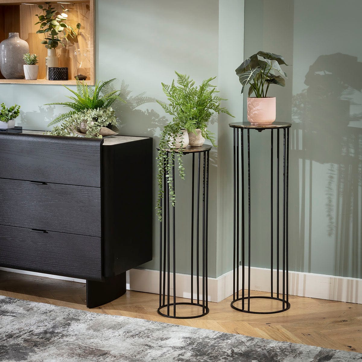 Novan Set of 2 Tall Plant Stand Side Tables Black & Gold