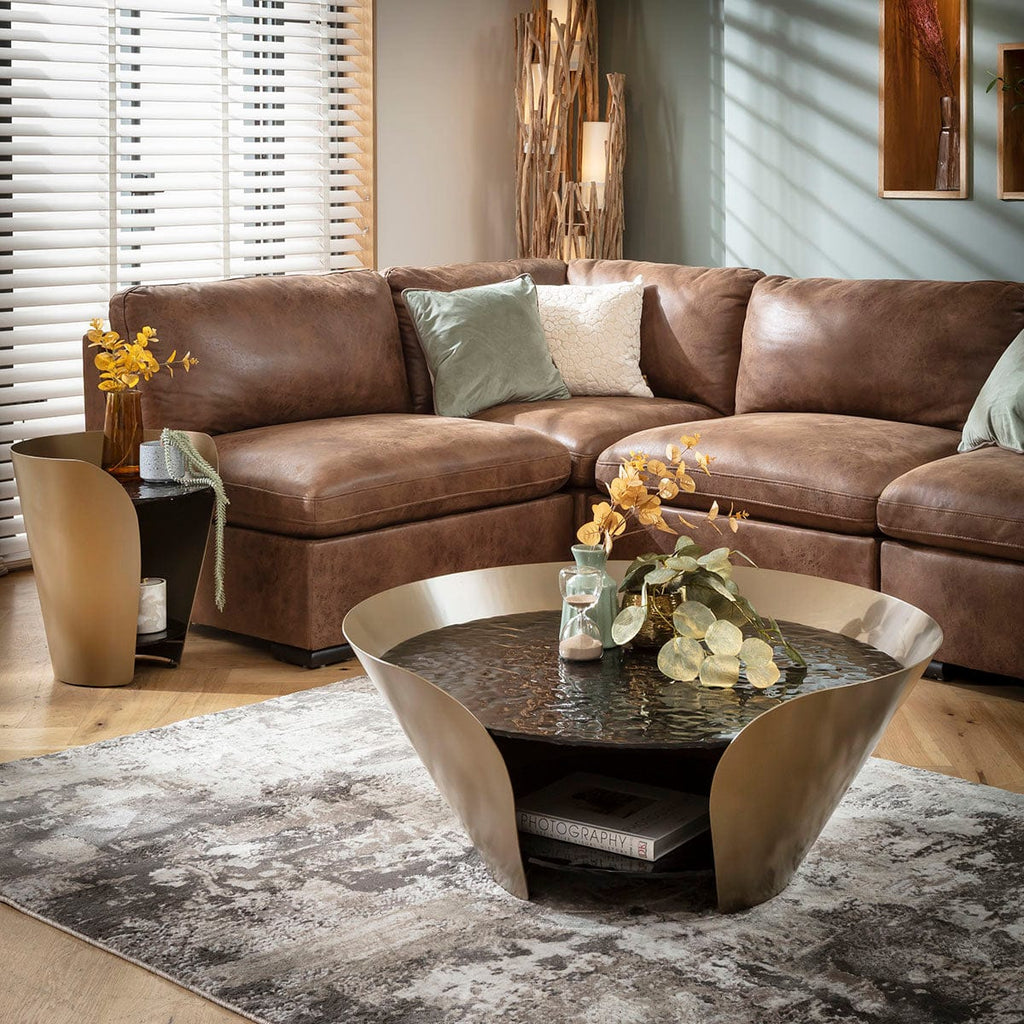 Sapphire Modern Round Black Glass Coffee Table with Gold Frame 100cm