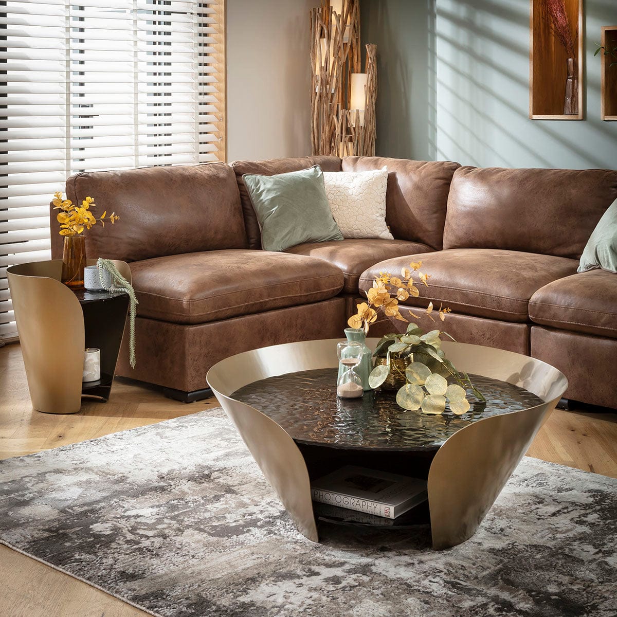 Sapphire Modern Round Black Glass Coffee Table with Gold Frame 100cm