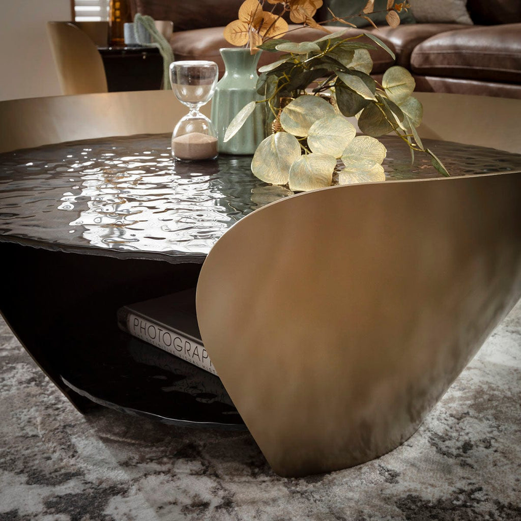 Sapphire Modern Round Black Glass Coffee Table with Gold Frame 100cm