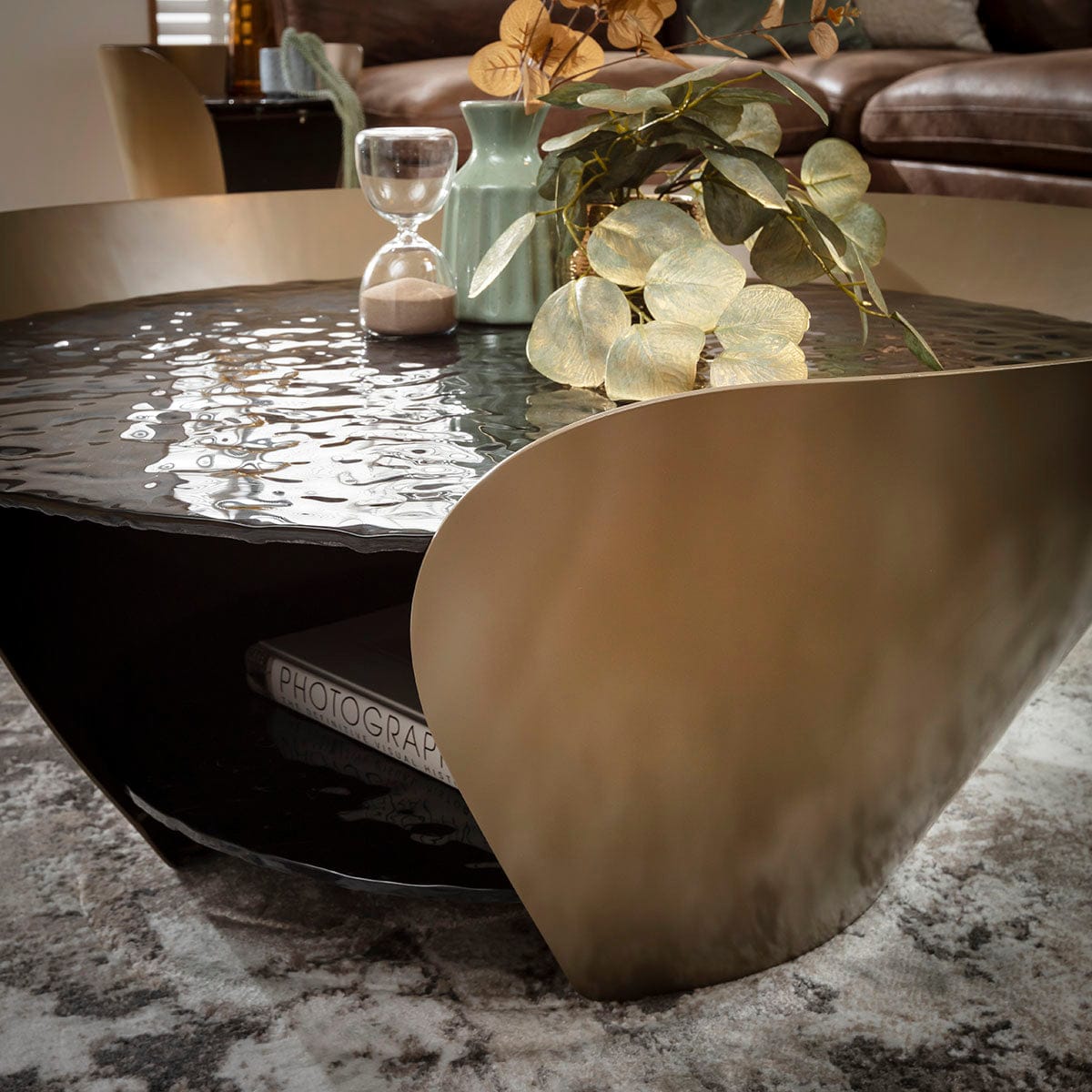 Sapphire Modern Round Black Glass Coffee Table with Gold Frame 100cm