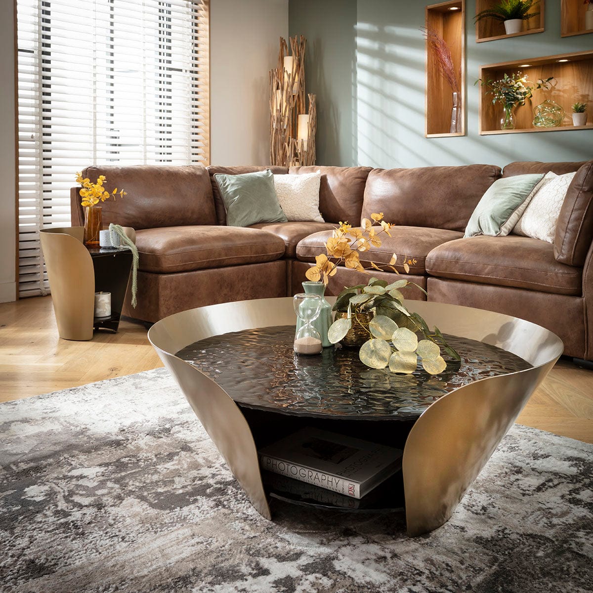 Sapphire Modern Round Black Glass Coffee Table with Gold Frame 100cm