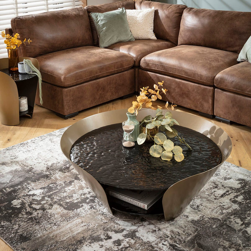 Sapphire Modern Round Black Glass Coffee Table with Gold Frame 100cm