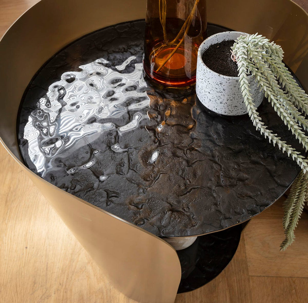 Sapphire Modern Round Black Glass Lamp Side Table with Gold Frame 50cm