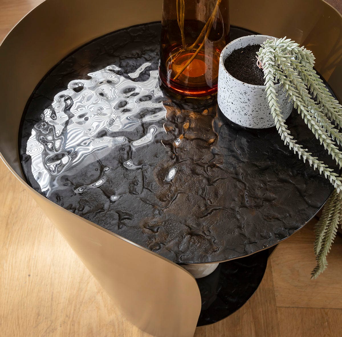 Sapphire Modern Round Black Glass Lamp Side Table with Gold Frame 50cm