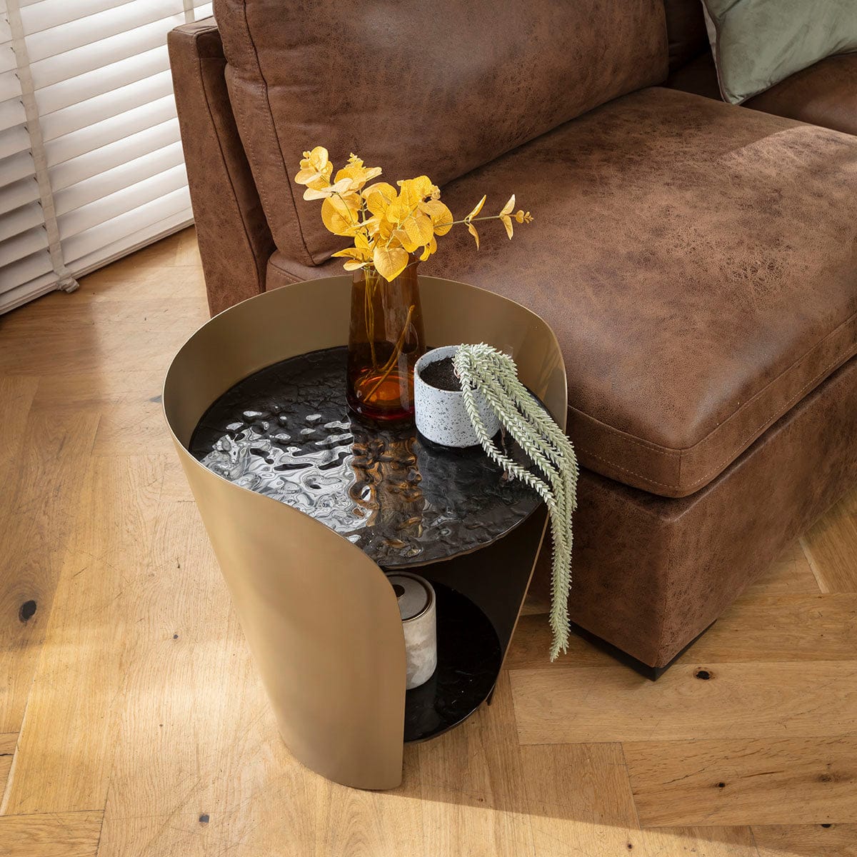 Sapphire Modern Round Black Glass Lamp Side Table with Gold Frame 50cm