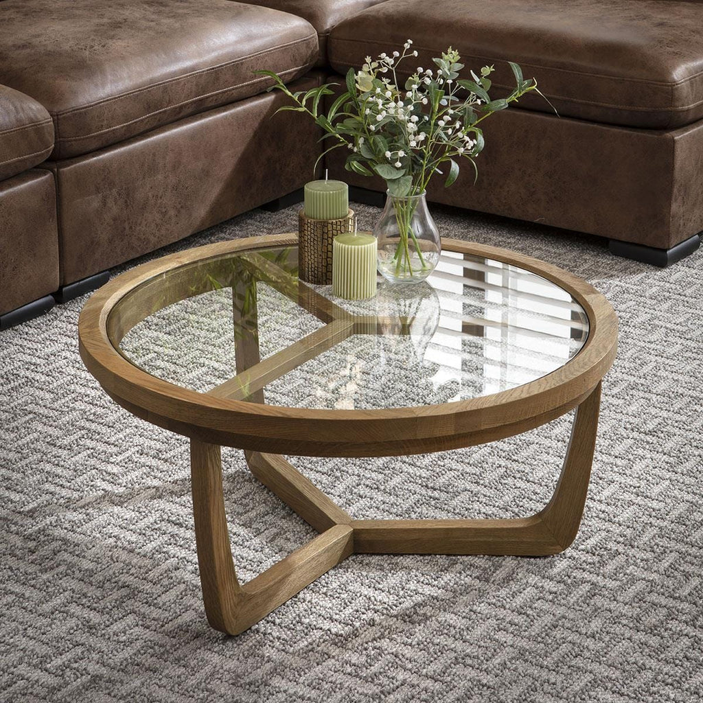 Ariana Round Wooden Set of 2 Coffee Tables Natural Oak & Glass 100cm & 80cm