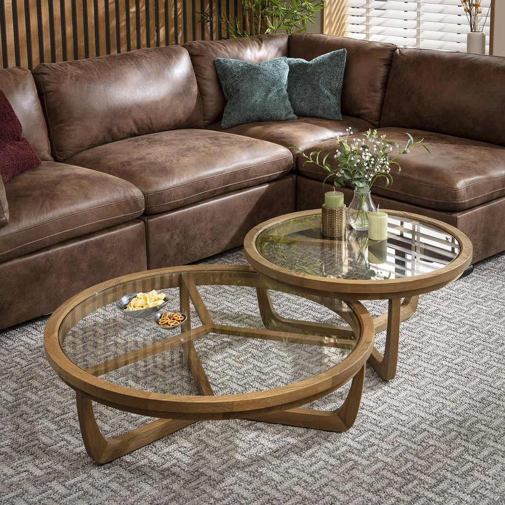 Ariana Round Wooden Set of 2 Coffee Tables Natural Oak & Glass 100cm & 80cm