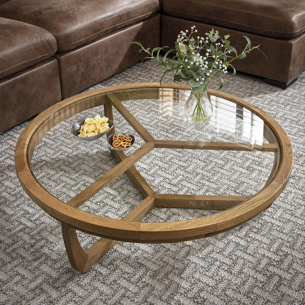 Ariana Round Wooden Set of 2 Coffee Tables Natural Oak & Glass 100cm & 80cm