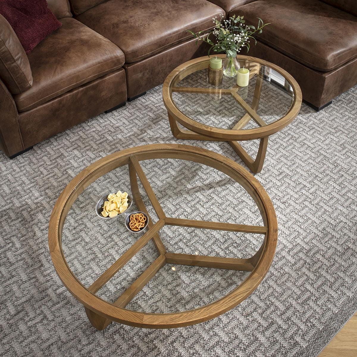 Ariana Round Wooden Set of 2 Coffee Tables Natural Oak & Glass 100cm & 80cm