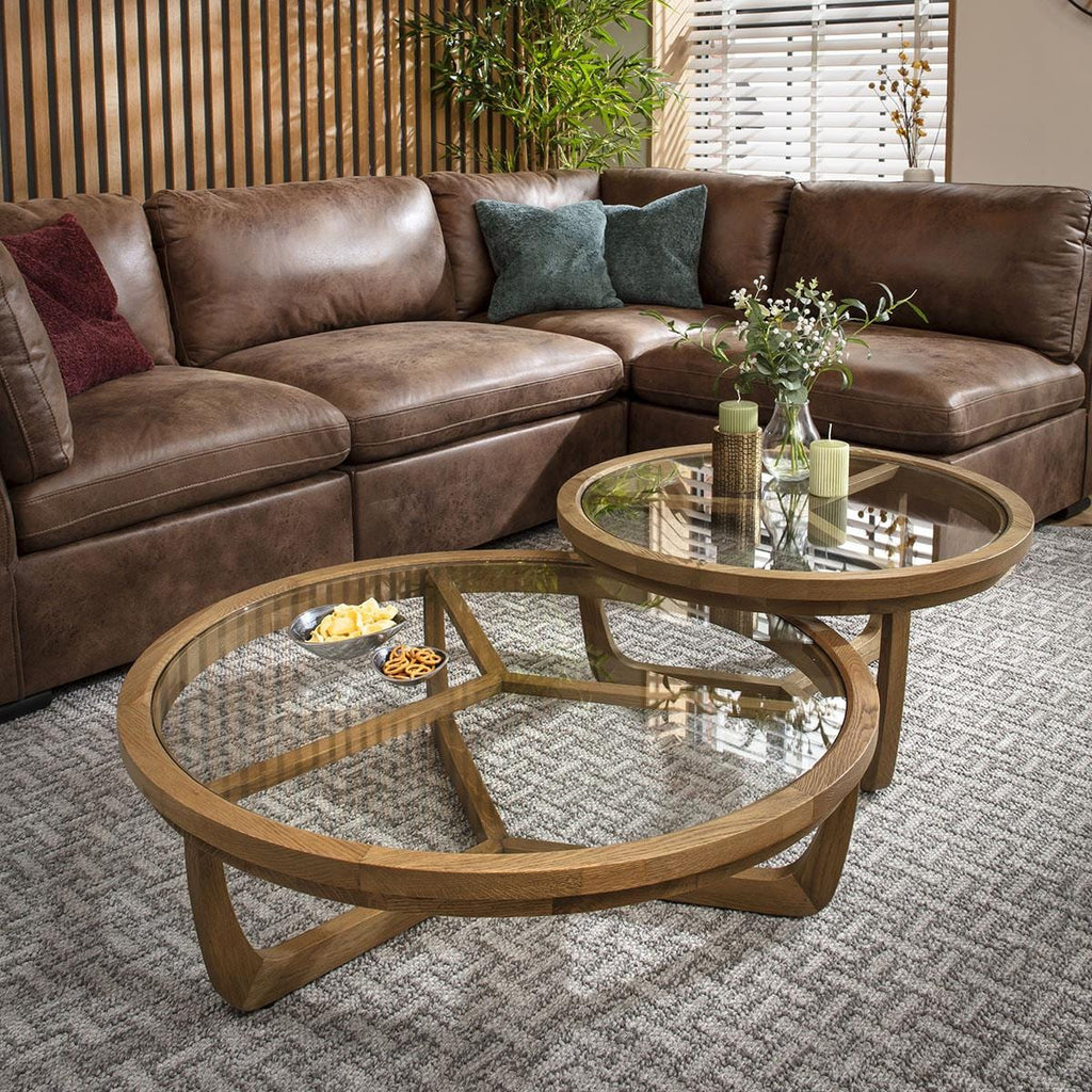 Ariana Round Wooden Set of 2 Coffee Tables Natural Oak & Glass 100cm & 80cm