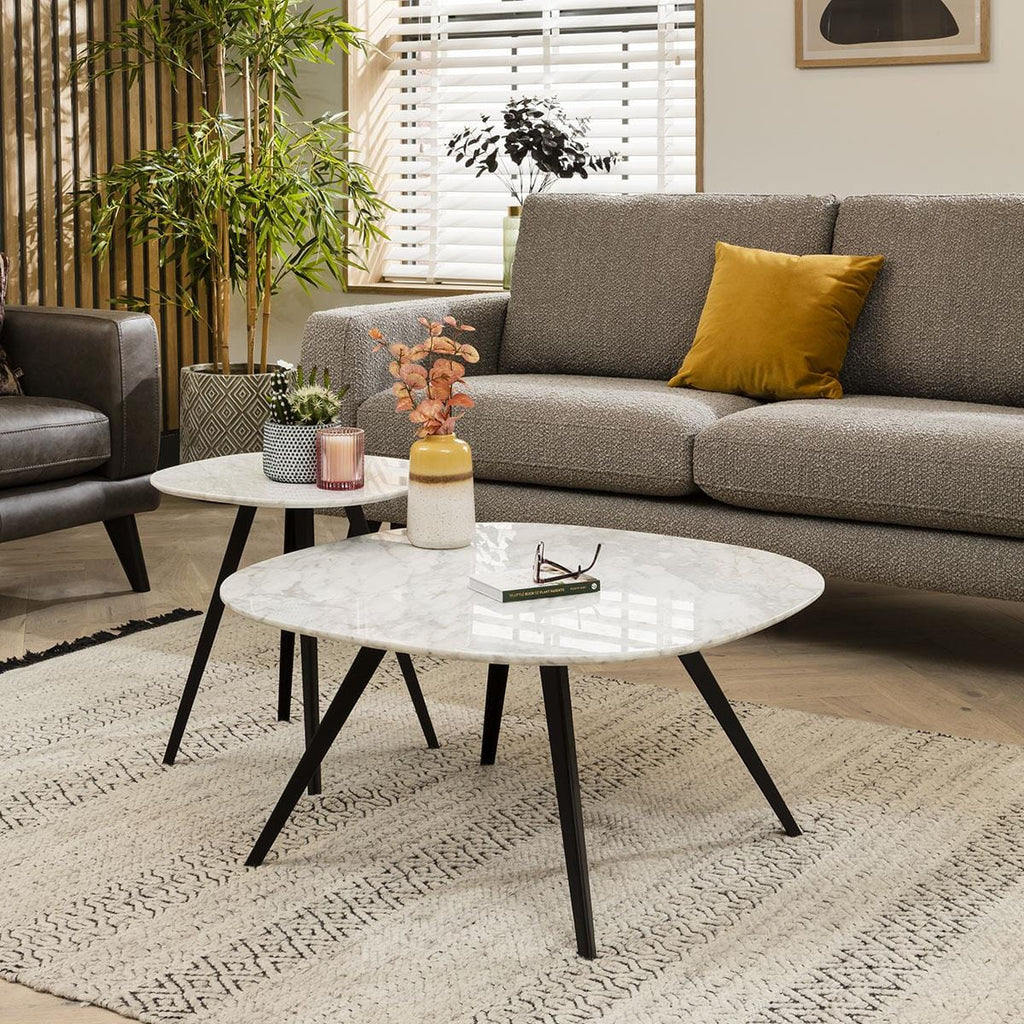 Set Of 2 White Marble Coffee Tables - Scandi-Inspired Luxury Metal Leg Design