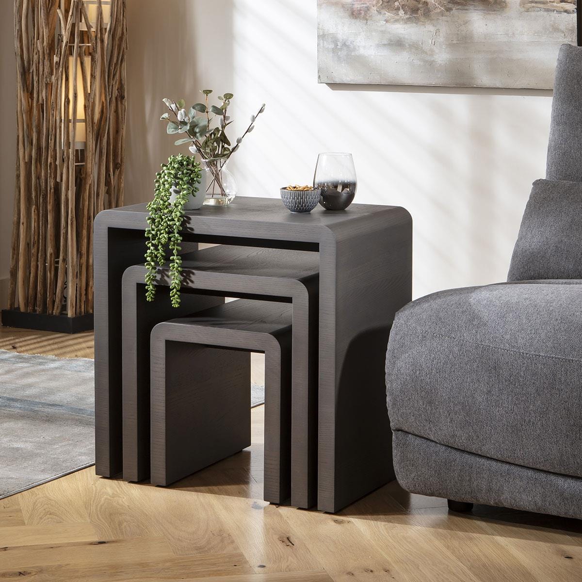 Set of 3 Nesting Side Tables Grey Oak Wash 60cm