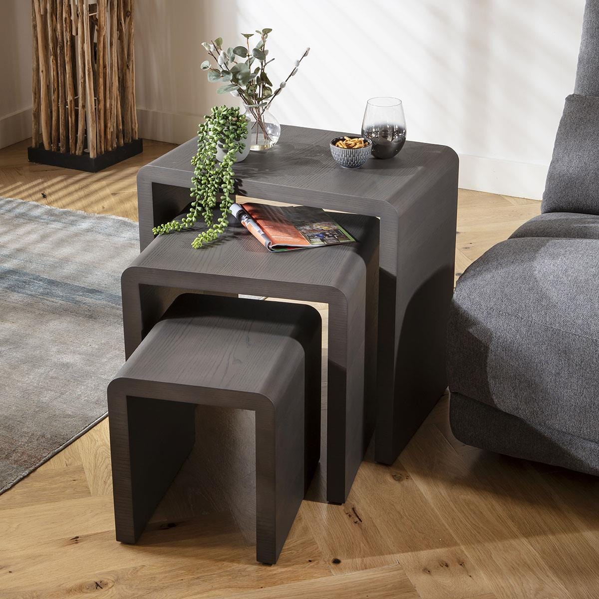 Set of 3 Nesting Side Tables Grey Oak Wash 60cm