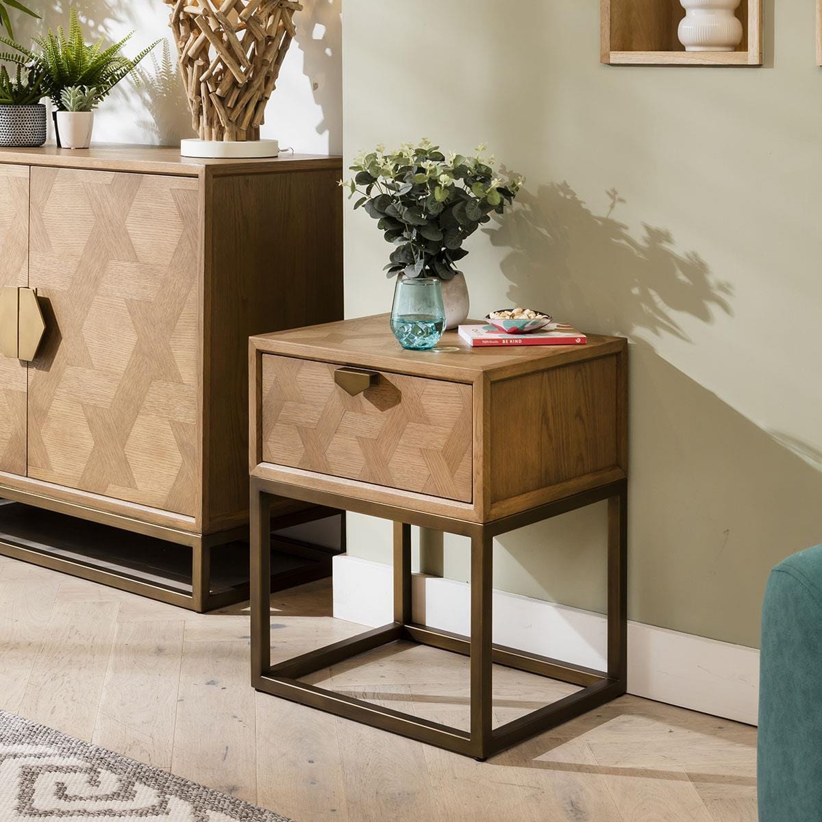Hemingway Side Lamp Table with Drawer Oak & Gold Brown 50cm