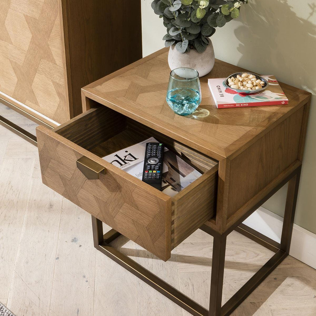 Hemingway Side Lamp Table with Drawer Oak & Gold Brown 50cm