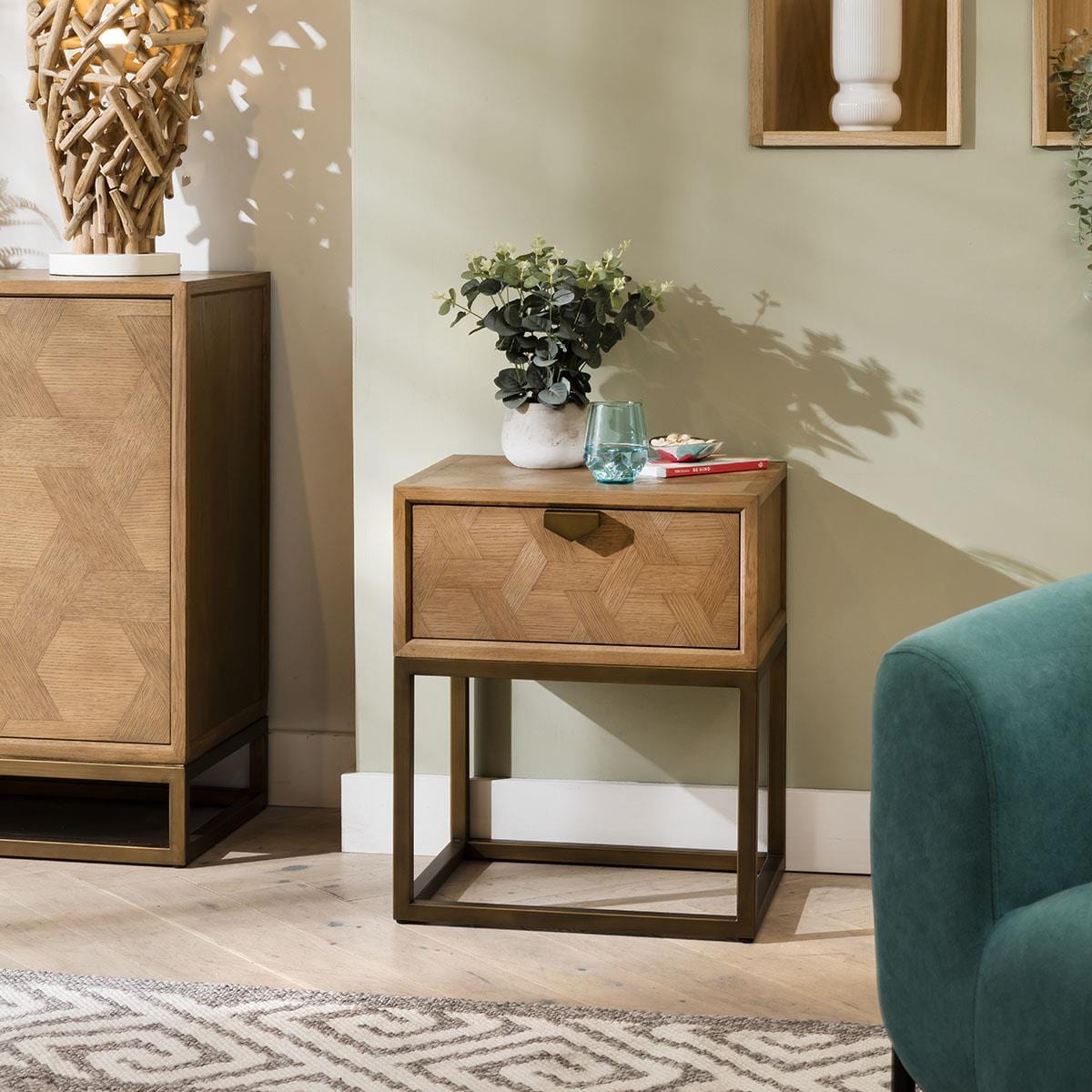 Hemingway Side Lamp Table with Drawer Oak & Gold Brown 50cm