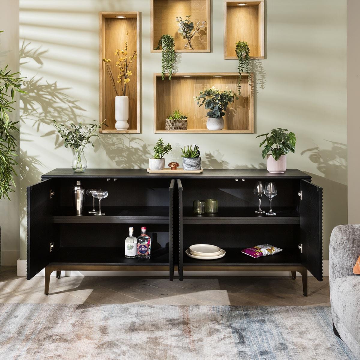 Baza 4 Door Sideboard Cabinet Fluted Black Oak 180cm