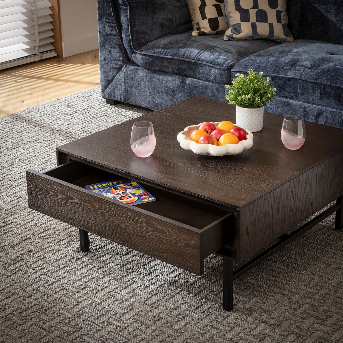 Grado Square Wooden Coffee Table with Storage Drawer Dark Wood 85cm