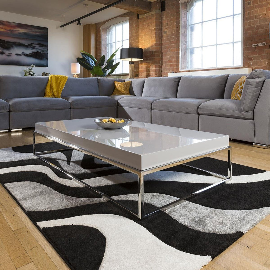 Stainless Steel Framed 1500 x 800 Coffee Table Grey Gloss Wood Top