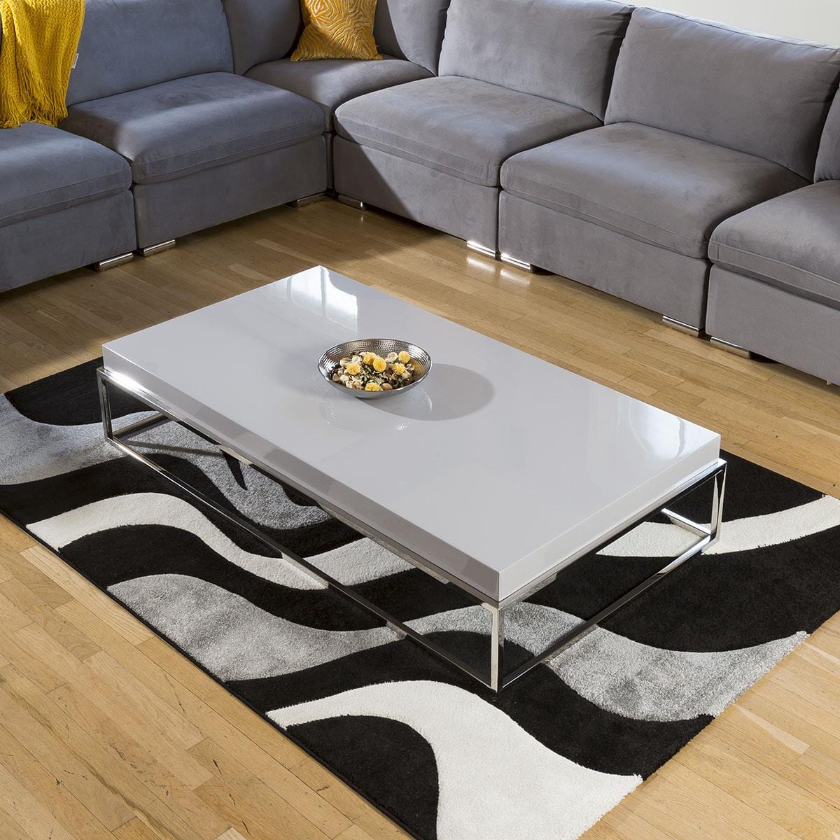 Stainless Steel Framed 1500 x 800 Coffee Table Grey Gloss Wood Top