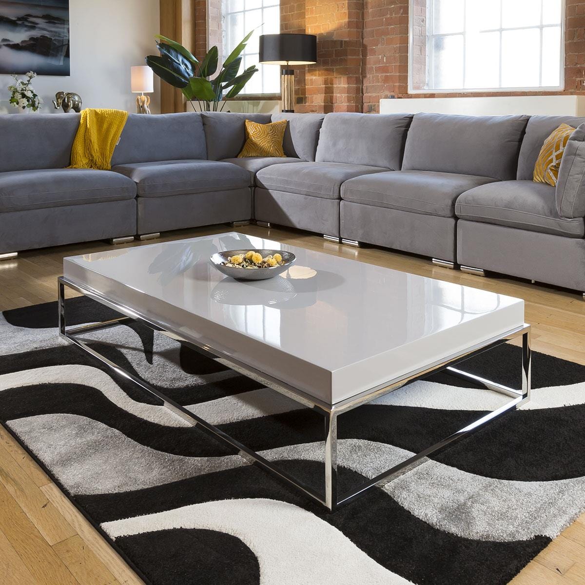 Stainless Steel Framed 1500 x 800 Coffee Table Grey Gloss Wood Top