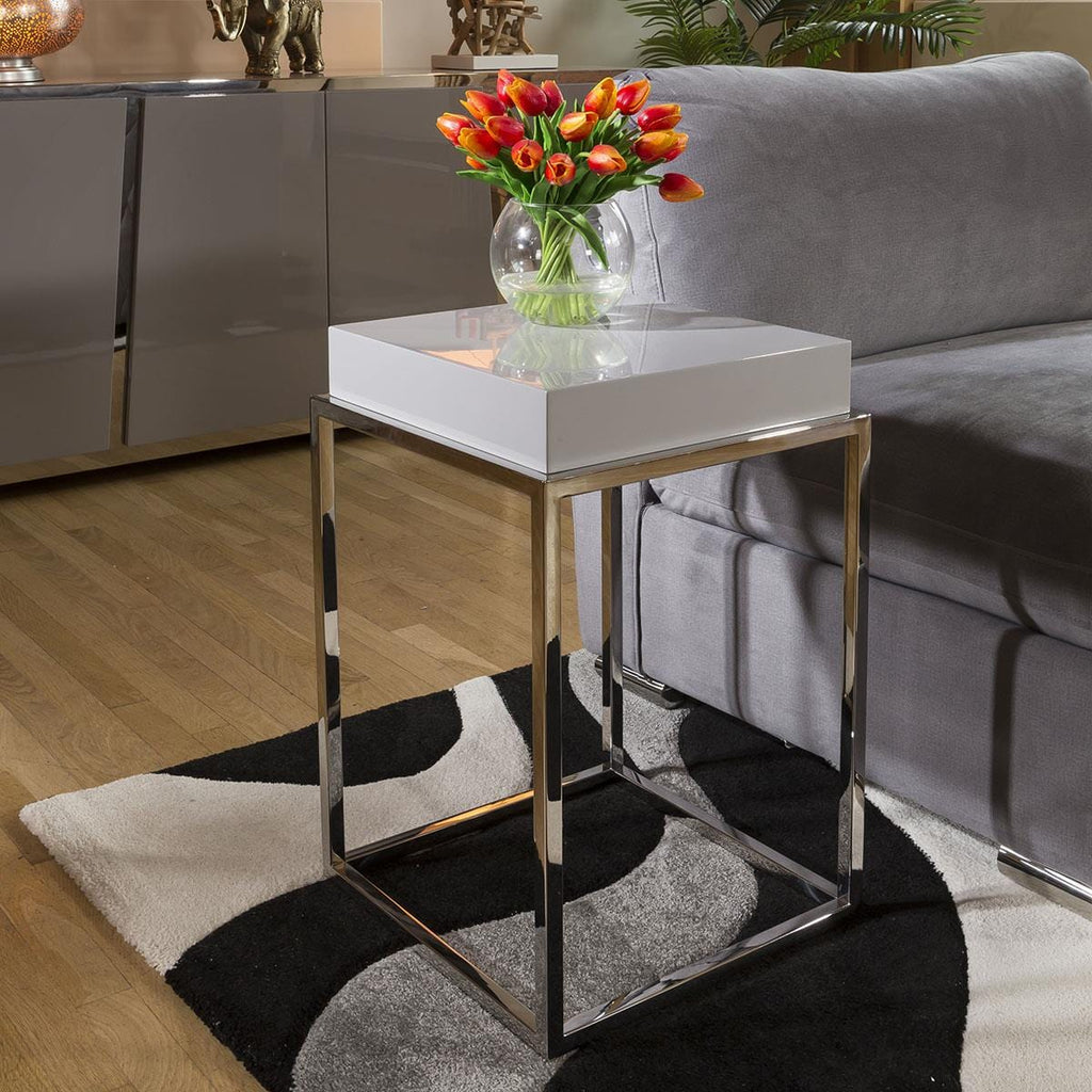 Stainless Steel Framed 410mm Wide End Table Grey Gloss Wood Top
