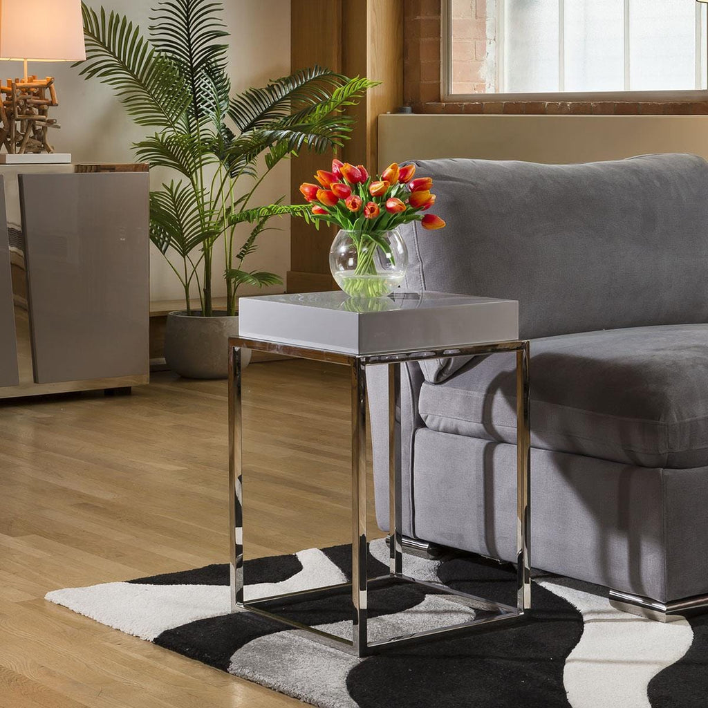 Stainless Steel Framed 410mm Wide End Table Grey Gloss Wood Top