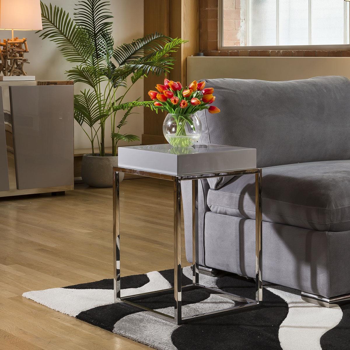 Stainless Steel Framed 410mm Wide End Table Grey Gloss Wood Top