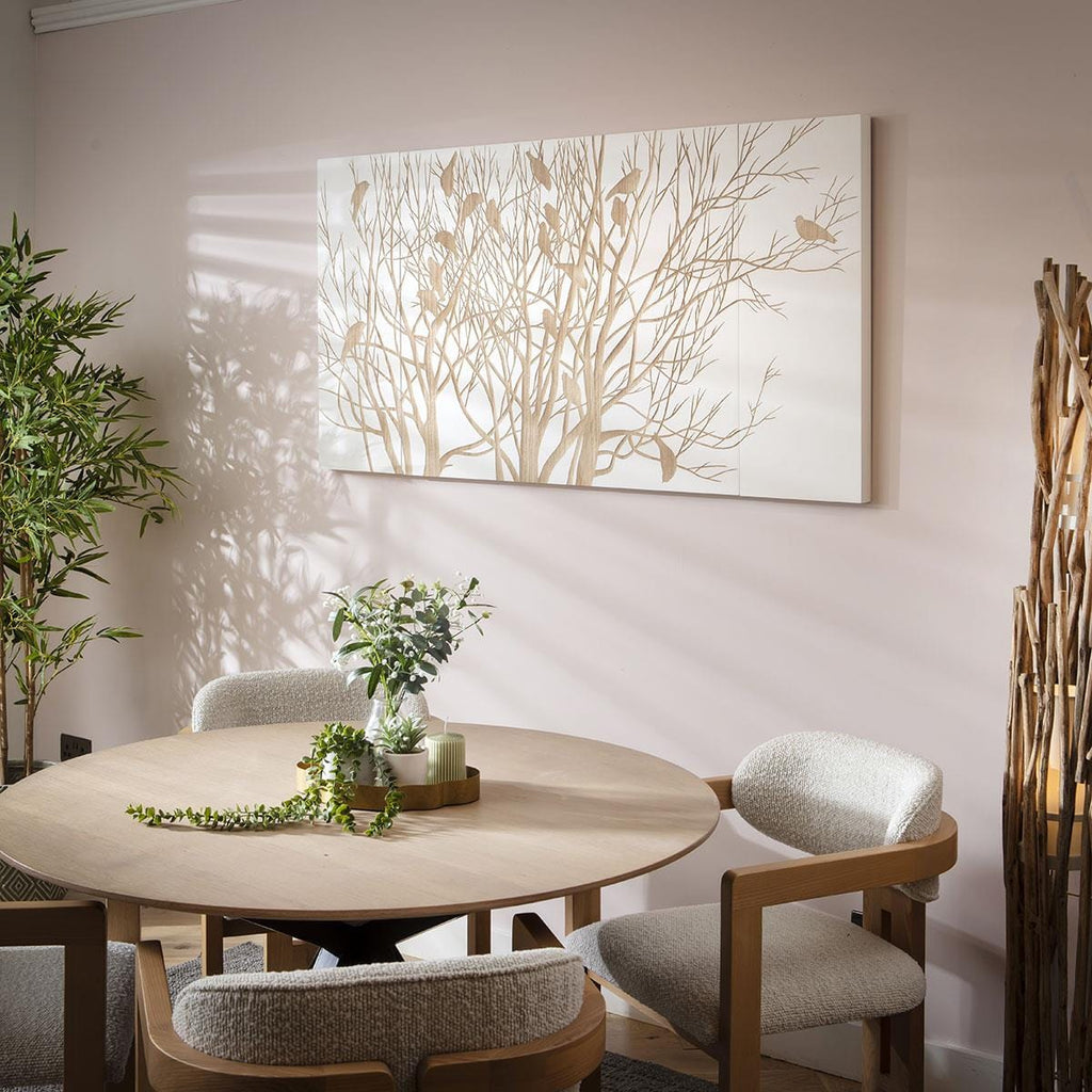 Stunning White Hand Crafted Wooded Wall Artwork Tree Birds 180x100cm