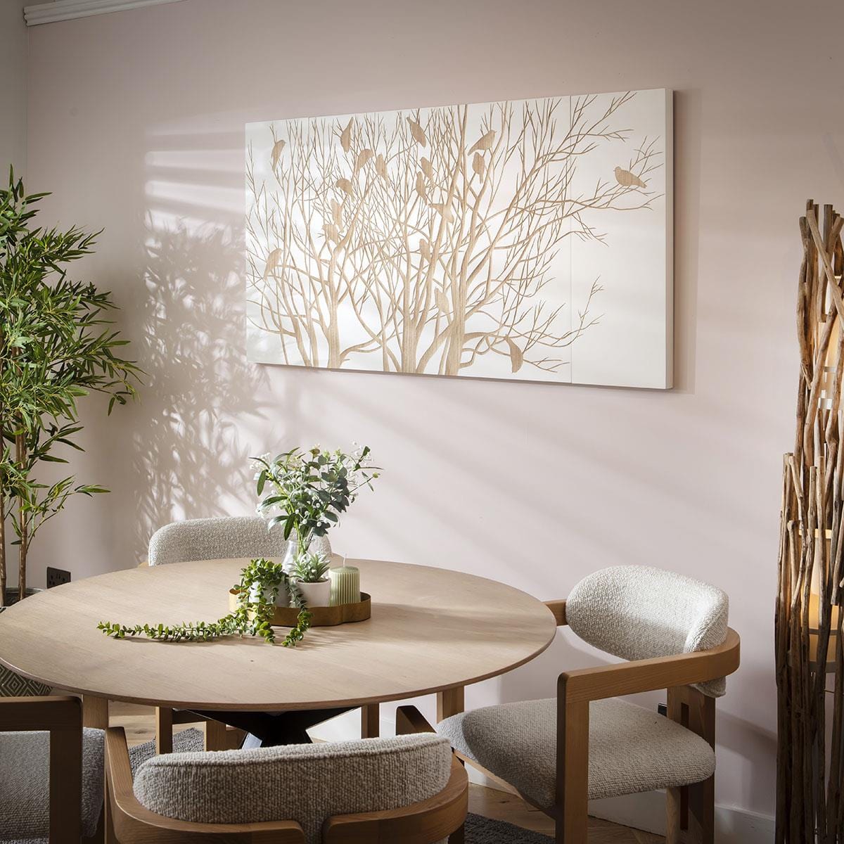 Stunning White Hand Crafted Wooded Wall Artwork Tree Birds 180x100cm