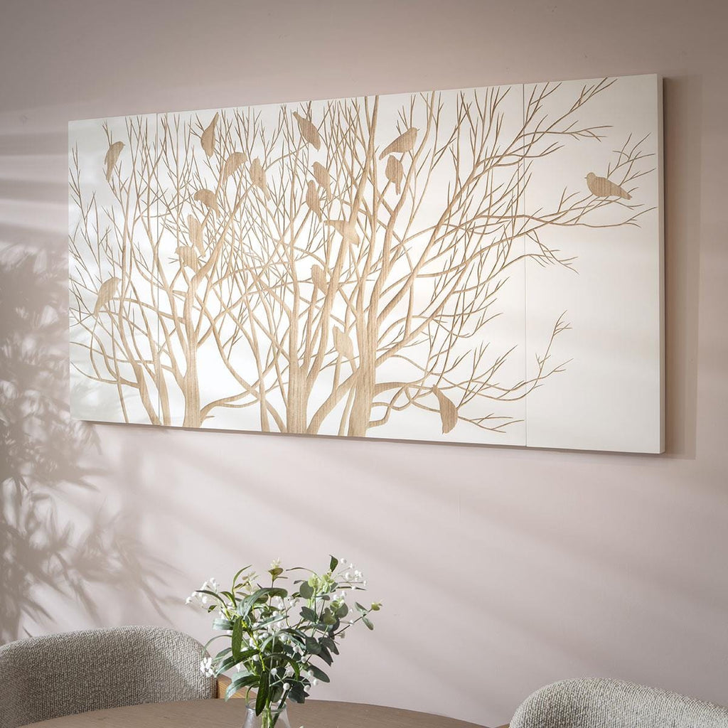Stunning White Hand Crafted Wooded Wall Artwork Tree Birds 180x100cm