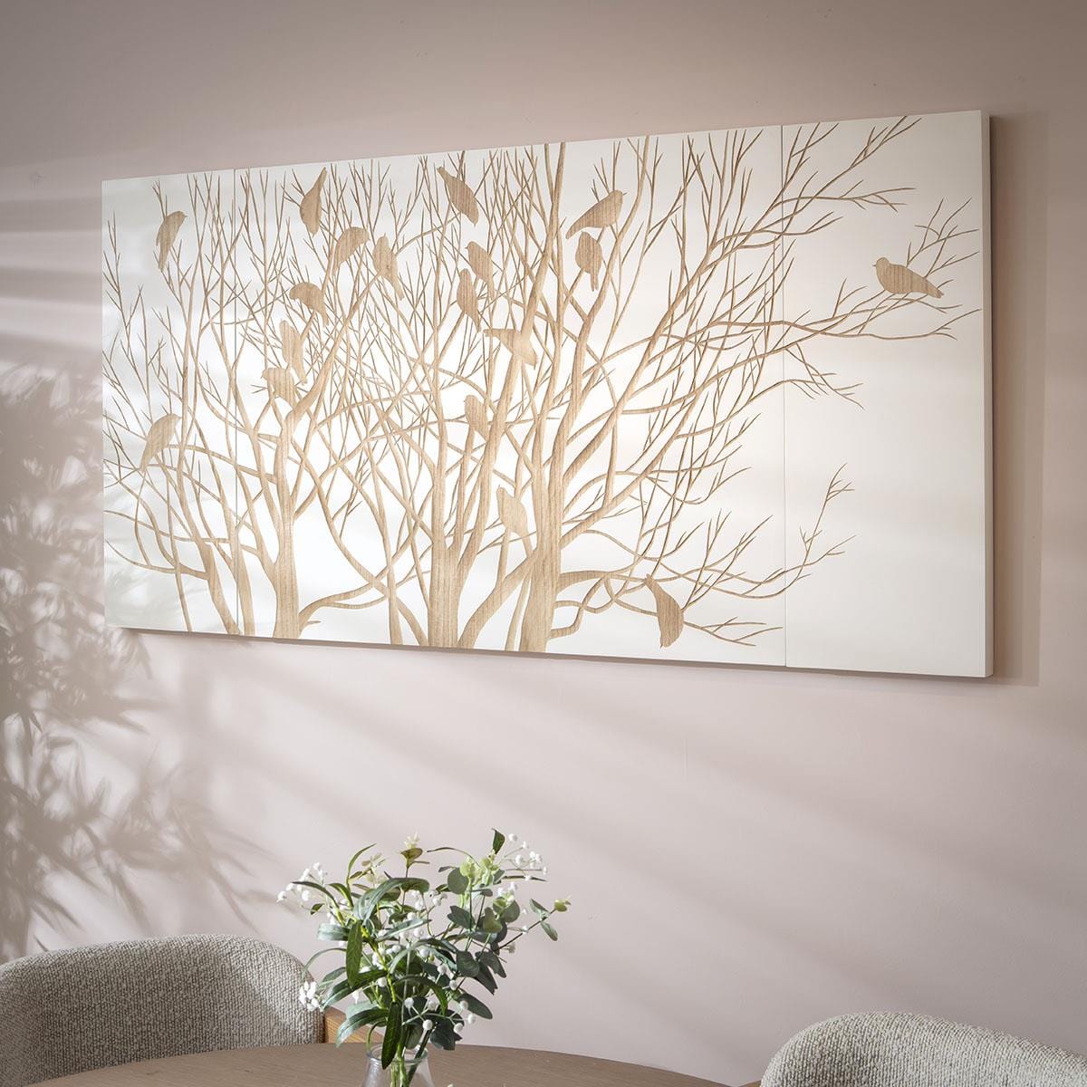 Stunning White Hand Crafted Wooded Wall Artwork Tree Birds 180x100cm