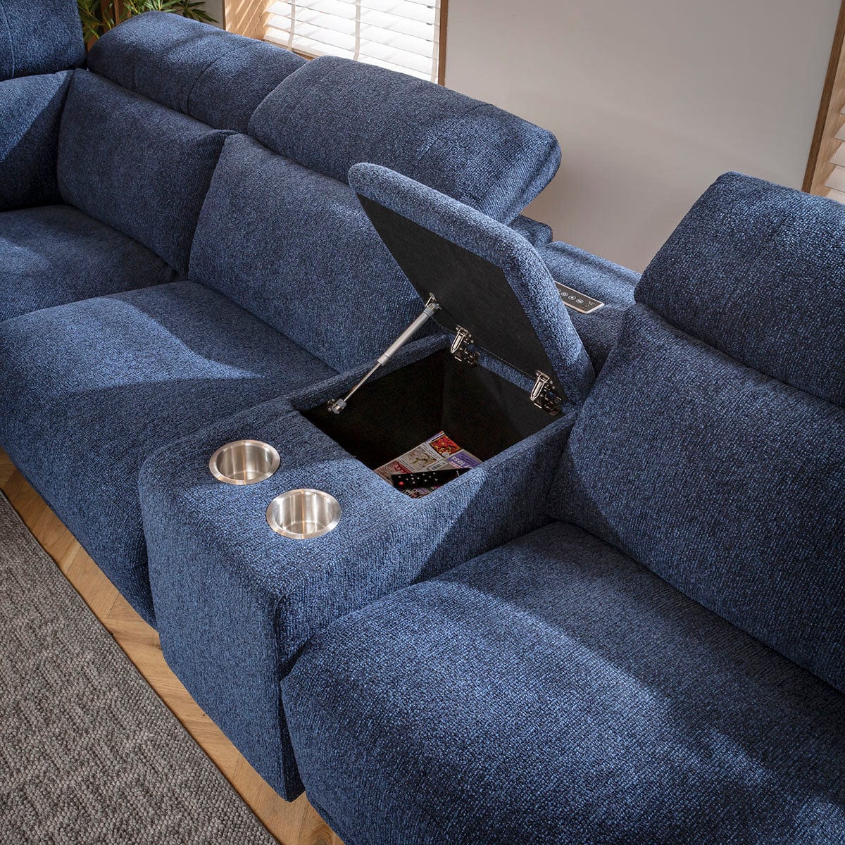 Sydney Large Recliner Corner Sofa with Built in Sound System & Storage Dark Blue 340x300cm